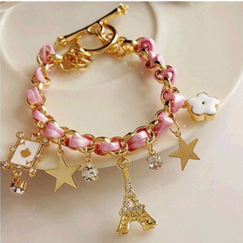 Paris Gold Pink Leather Charm Bracelet