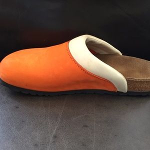 Orange and white Papillio by Birkenstock clogs, 39