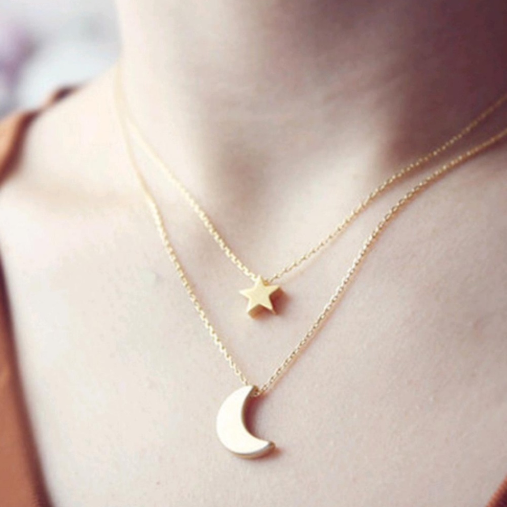 Two Layered Chain Moon Star Statement necklace