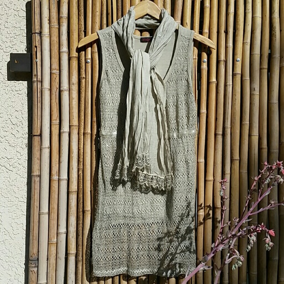 Taupe Sparkling Lace Overlay Tunic with Scarf! OS - Picture 5 of 5
