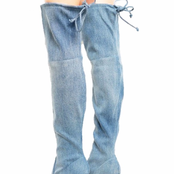 BOHO Gypsy Denim Block Heel Over Knee High Boots - Picture 3 of 8