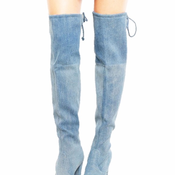 BOHO Gypsy Denim Block Heel Over Knee High Boots - Picture 2 of 8