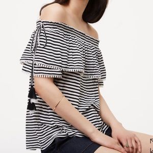 loft • black & white striped pom shirt • xs petite