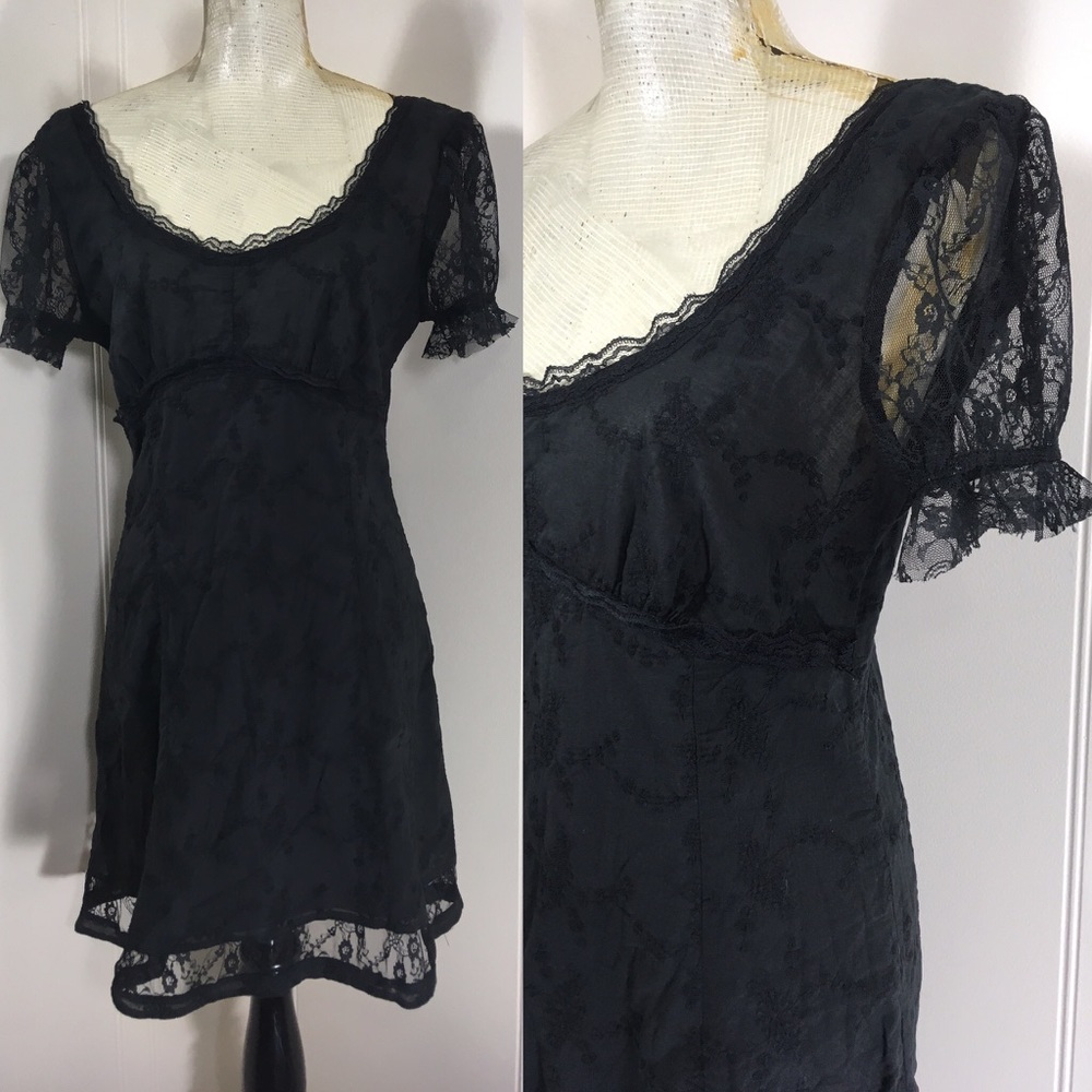 Vintage 90s Goth Floral Lace Sheer Dress 1990s