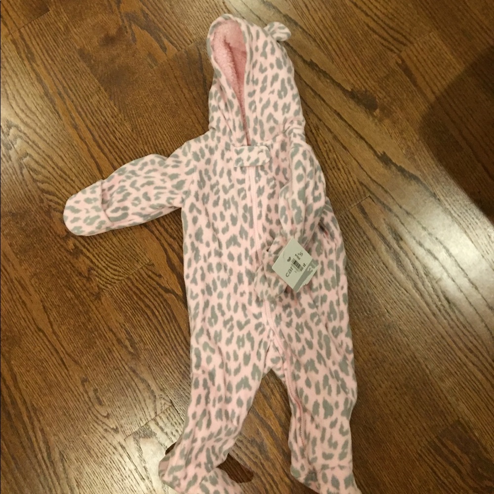 Pink and gray Carters Leopard snowsuit fleece