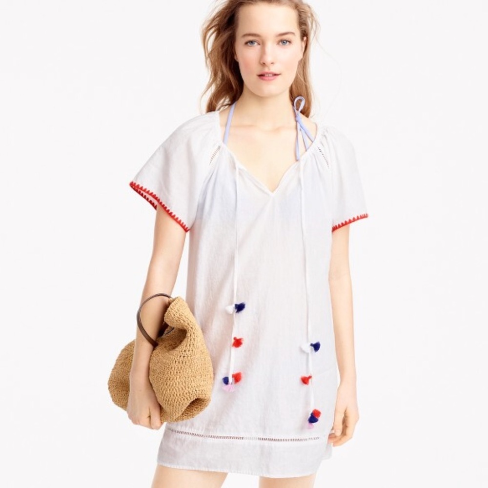 J Crew Embroidered Pom Pom Cover Up Linen Dress