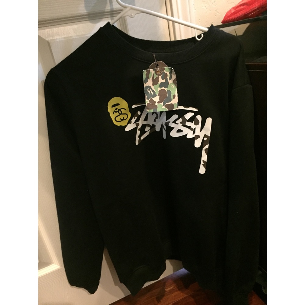 BAPE Collabed with Stussy crewneck; size Large