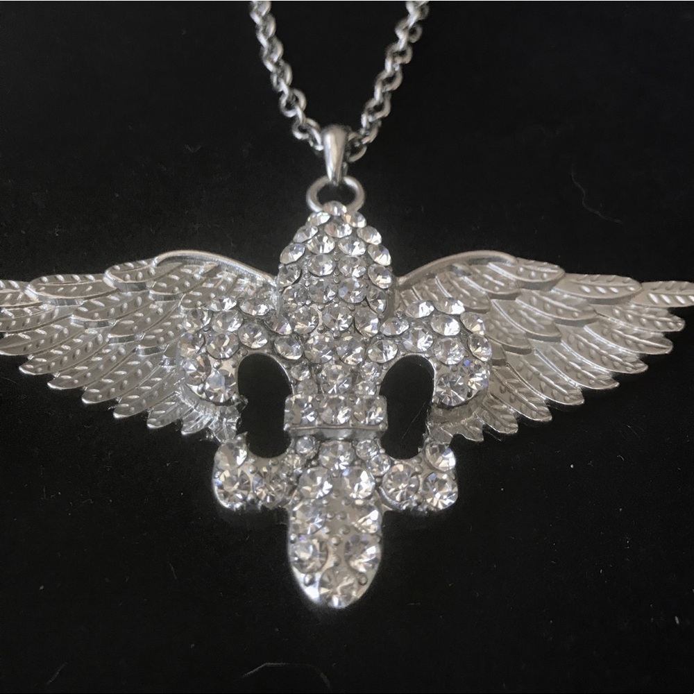Angel wing & rhinestone  fleur de lis necklace