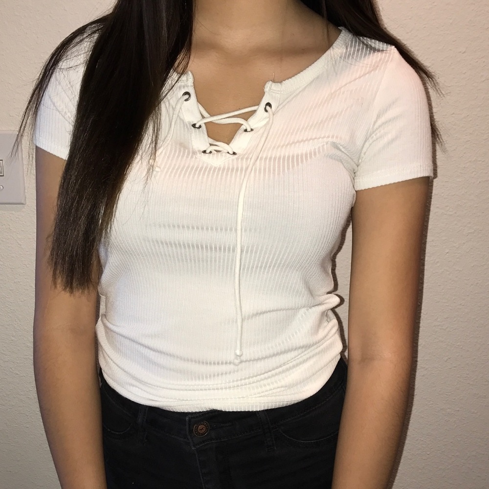 white hollister lace-up ribbed top