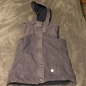 Woman's blue/grey Carhartt vest with hood.