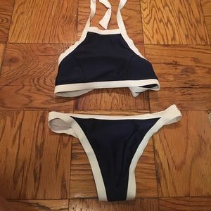 Navy and white bikini bathing suit