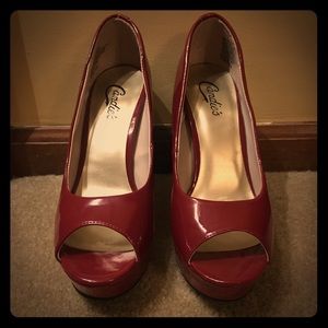 Candie's brand peep toe red patent leather pumps