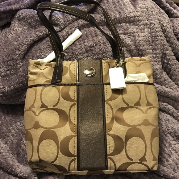 Coach Purse Handbag Khaki mahogany Sig Stripe NWT - Picture 2 of 5