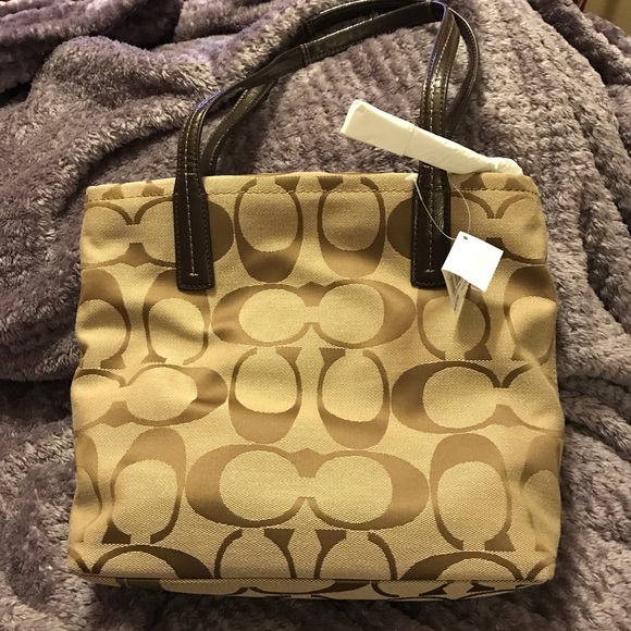 Coach Purse Handbag Khaki mahogany Sig Stripe NWT - Picture 3 of 5