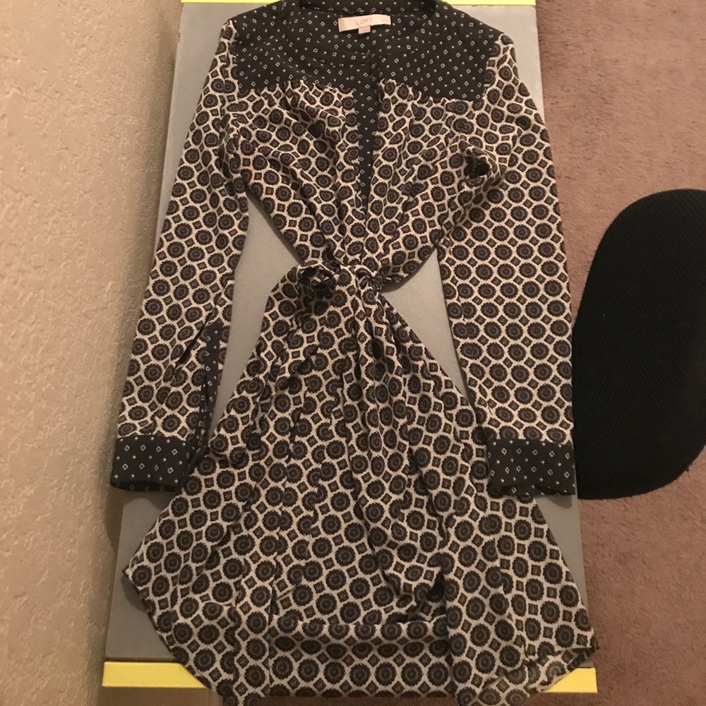 LOFT Patterned dress with belted waist.