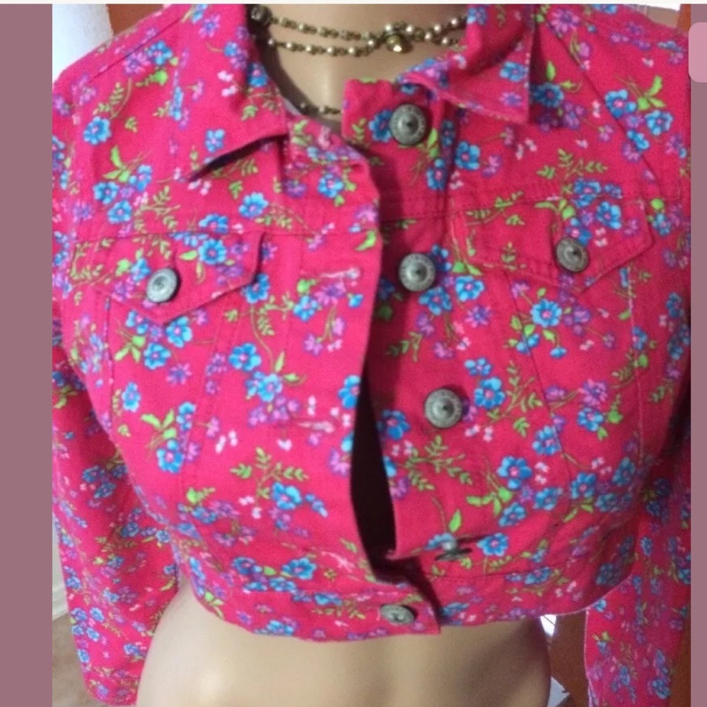 Little Girls size 10-12 denim like feel pink flowered jacket LEI