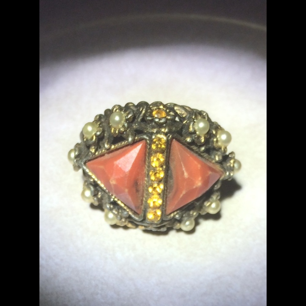 Vintage Stone Rhinestone and Pearl Adjustable Ring