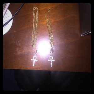 2 14k gold necklaces with ankh cross pendant