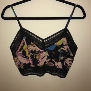 ASTR Black Floral Crochet Trim Crop Top