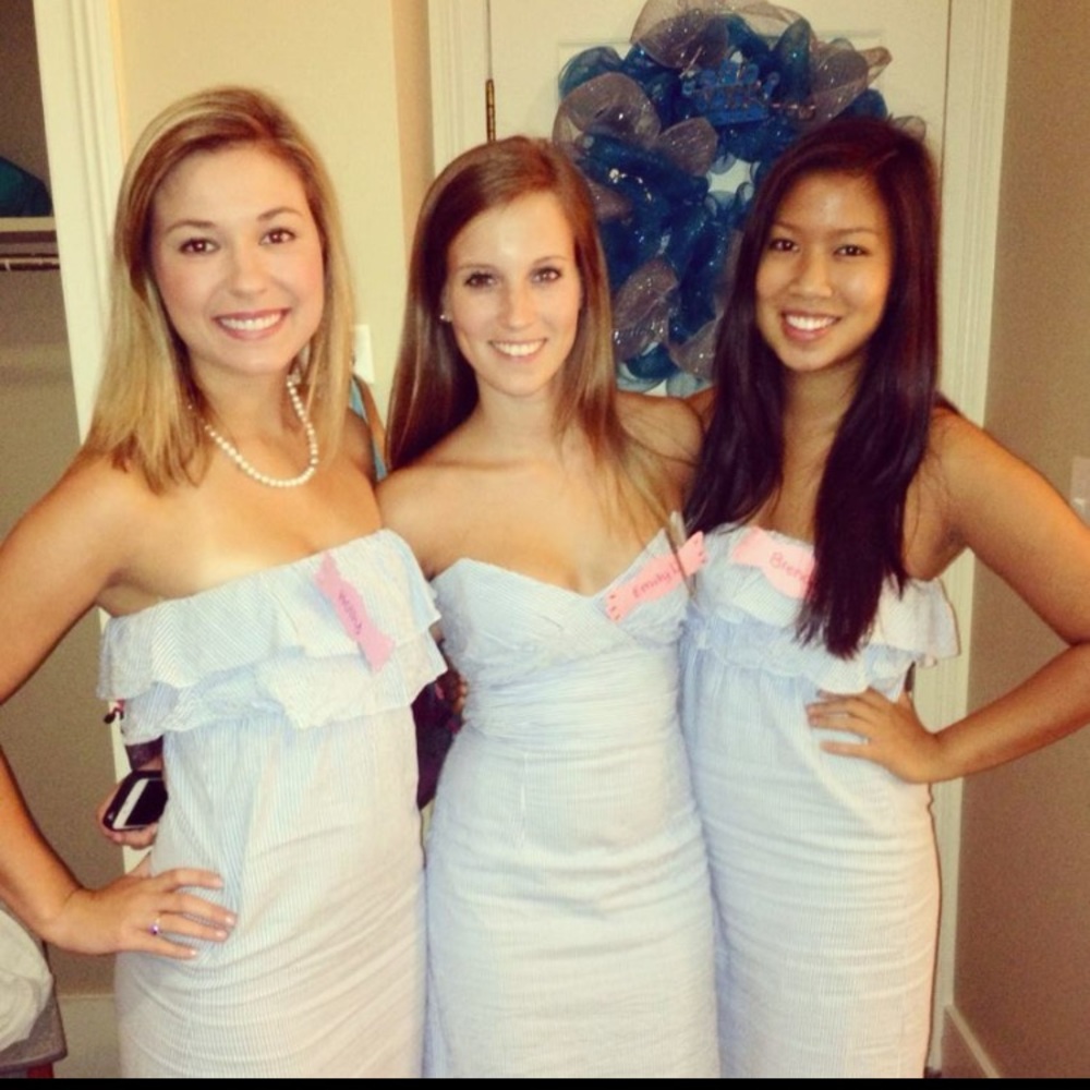 J. Crew blue and white strapless ruffle dress