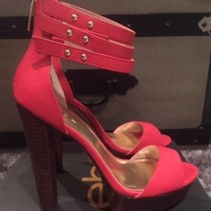 New red BeBe open toe heels