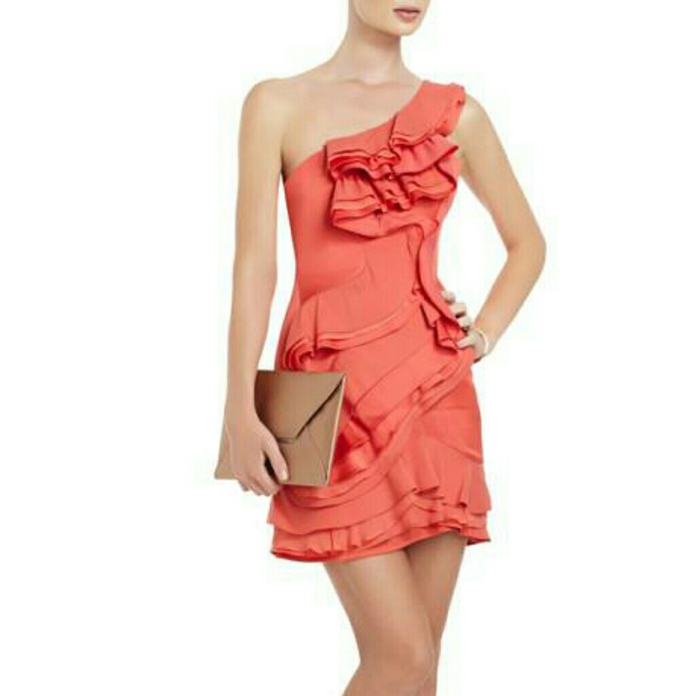 BCBG MAXAZRIA Jonesy Coral One Shoulder Dress $398