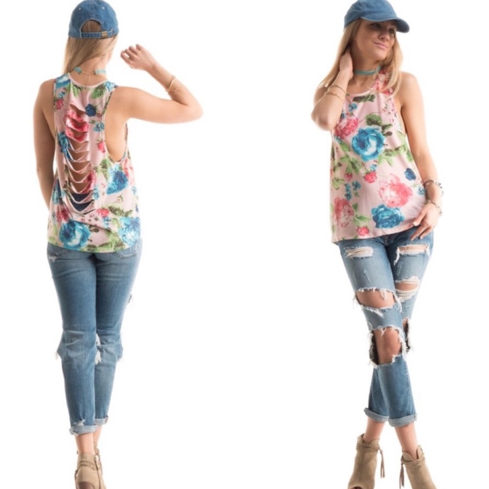 NWT Cut Out Back Light Pink Base Floral Tank - Picture 2 of 4