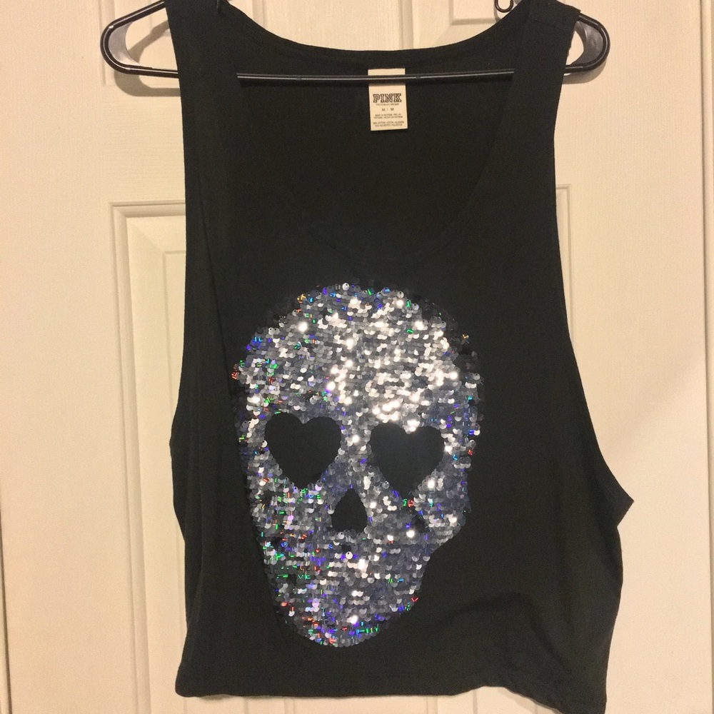 Black sequined skull tank by PINK