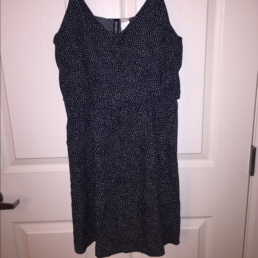 Navy dress with small white polka dots