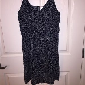 Navy dress with small white polka dots