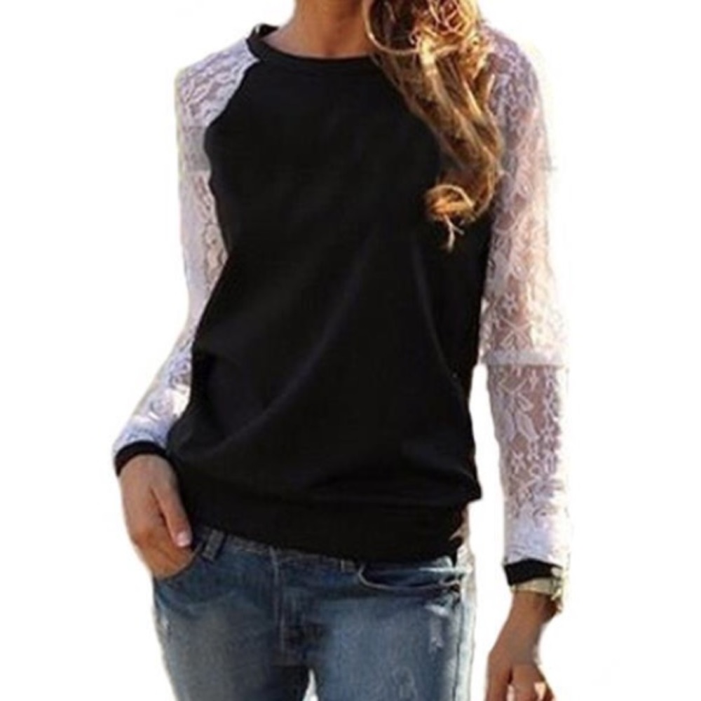 Women's Black Long Sleeve Lace Top