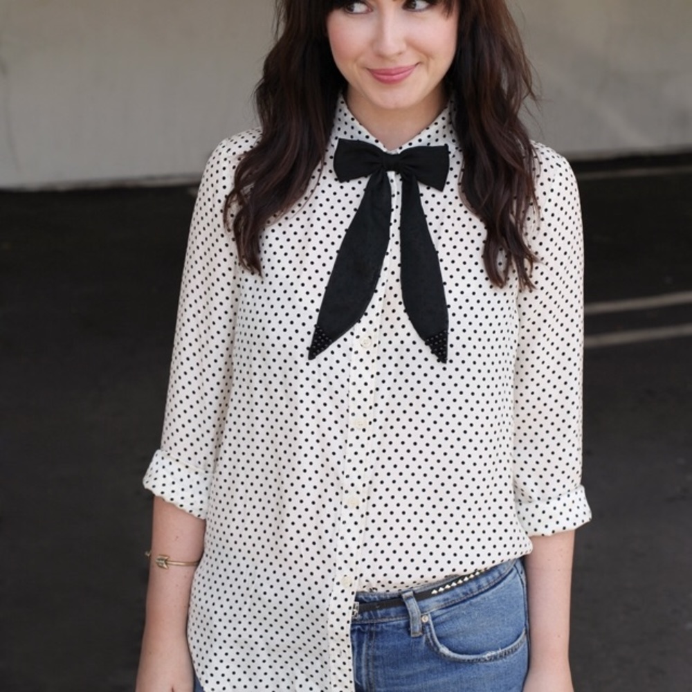 zara bow tie blouse polka dot Button down Blouse - Picture 1 of 7