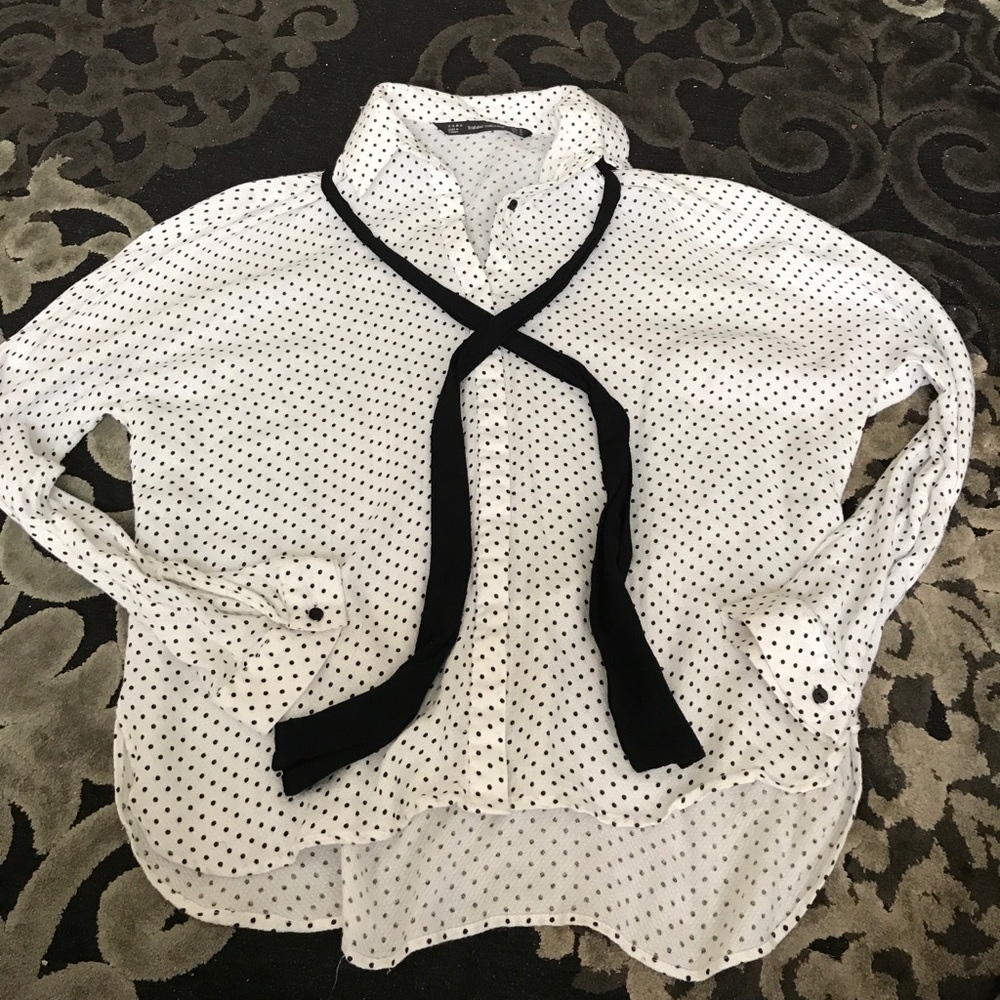 zara bow tie blouse polka dot Button down Blouse - Picture 4 of 7