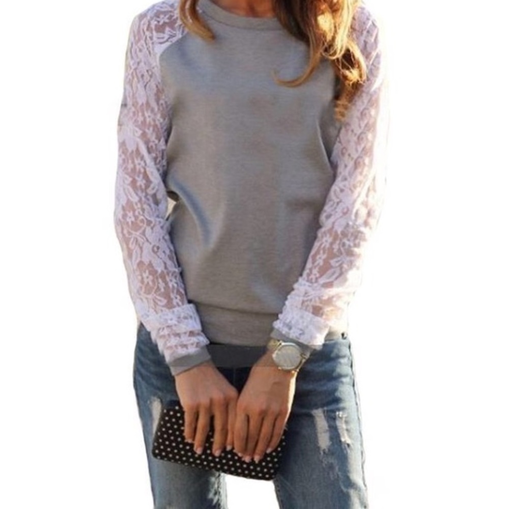 Women's gray long sleeve lace shirt