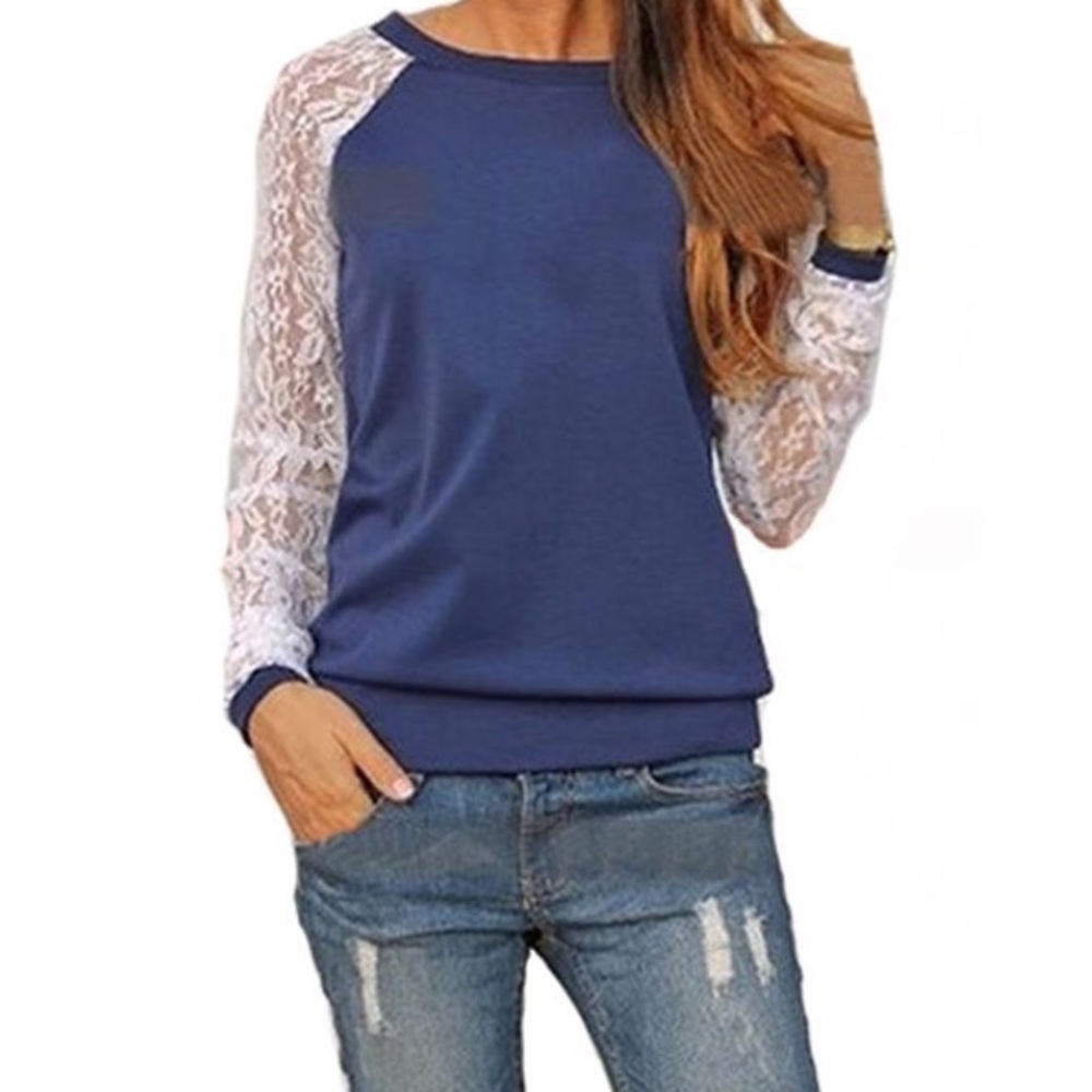 Women's blue long sleeve lace shirt size L