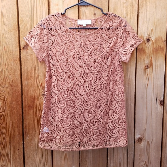 LOFT Tops - LOFT Dark Blush Lace Short Sleeve Top