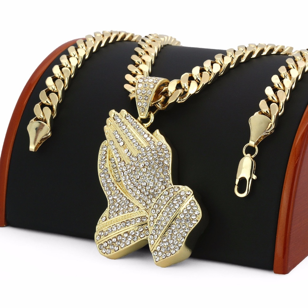 Iced Out Gold PT Hip Hop Big Prayer Hands Necklace