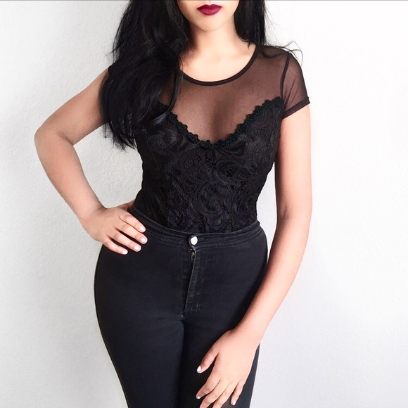 Tops - Sweetheart Lace Mesh Bodysuit