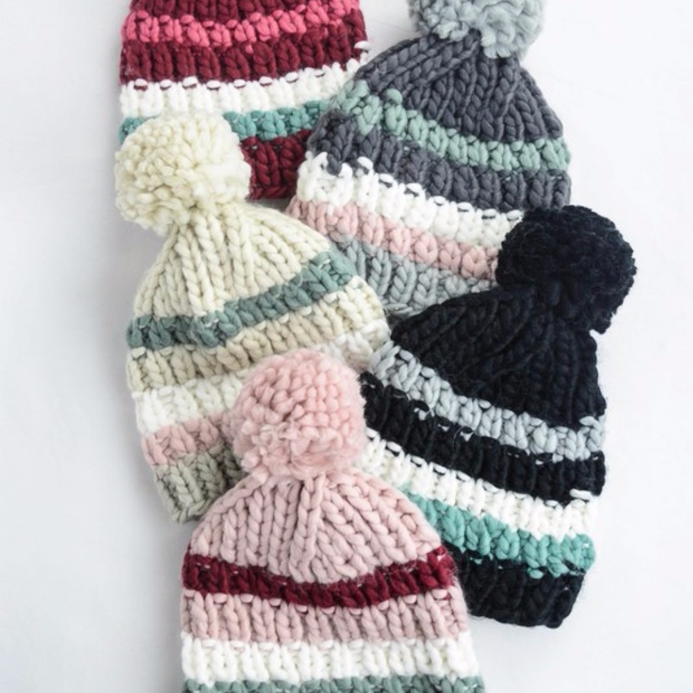 BEST SELLER!  Brooklyn Striped Pom Beanie--Oatmeal - Picture 2 of 2