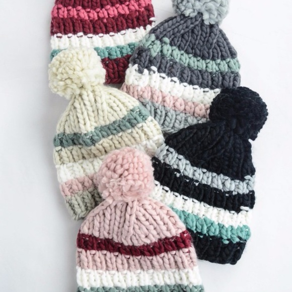 BEST SELLER!  Brooklyn Striped Pom Beanie--Oatmeal - Picture 2 of 2
