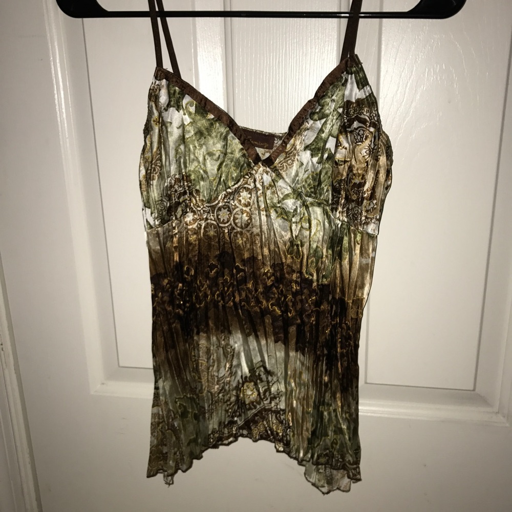 Oriental pleated floral silky-dress strap tank top