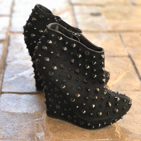 Fierce Black Spiked Trouble Wedge Boots - Picture 2 of 4