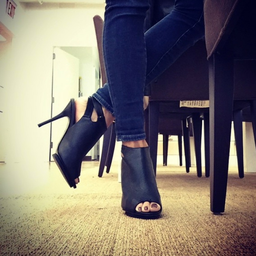 Black Leather Suede Peep Toe Platform Bootie