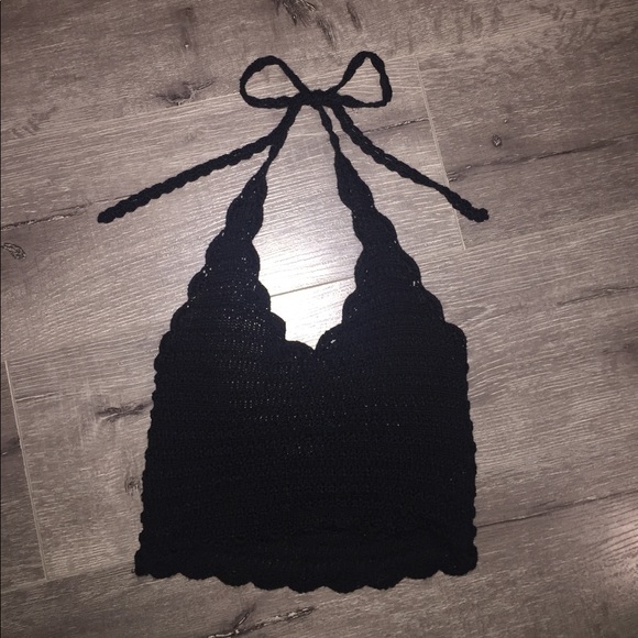 Phanuel Tops - Black crochet halter crop top