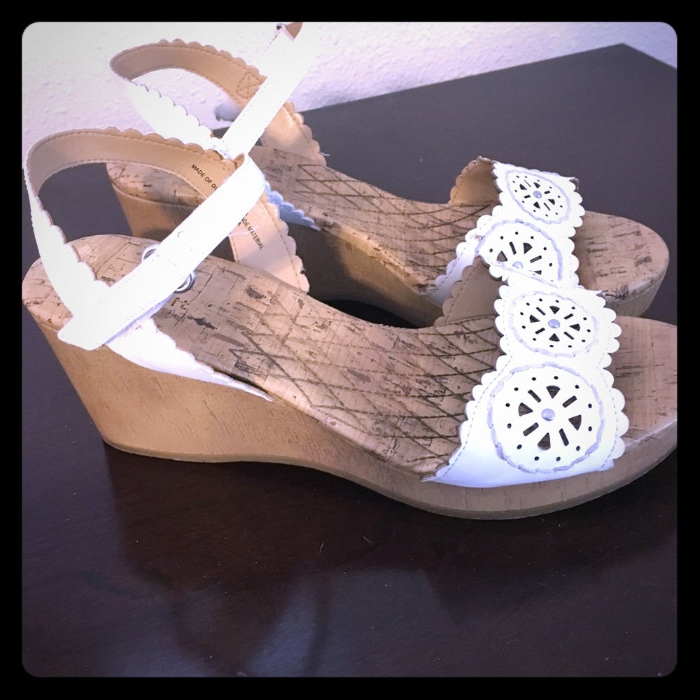 White leather wedge sandals, size 8.5.