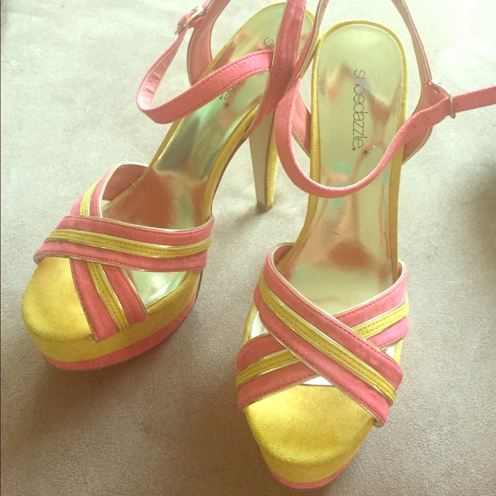 Yellow & Coral suede platform spike high heel! Sz8