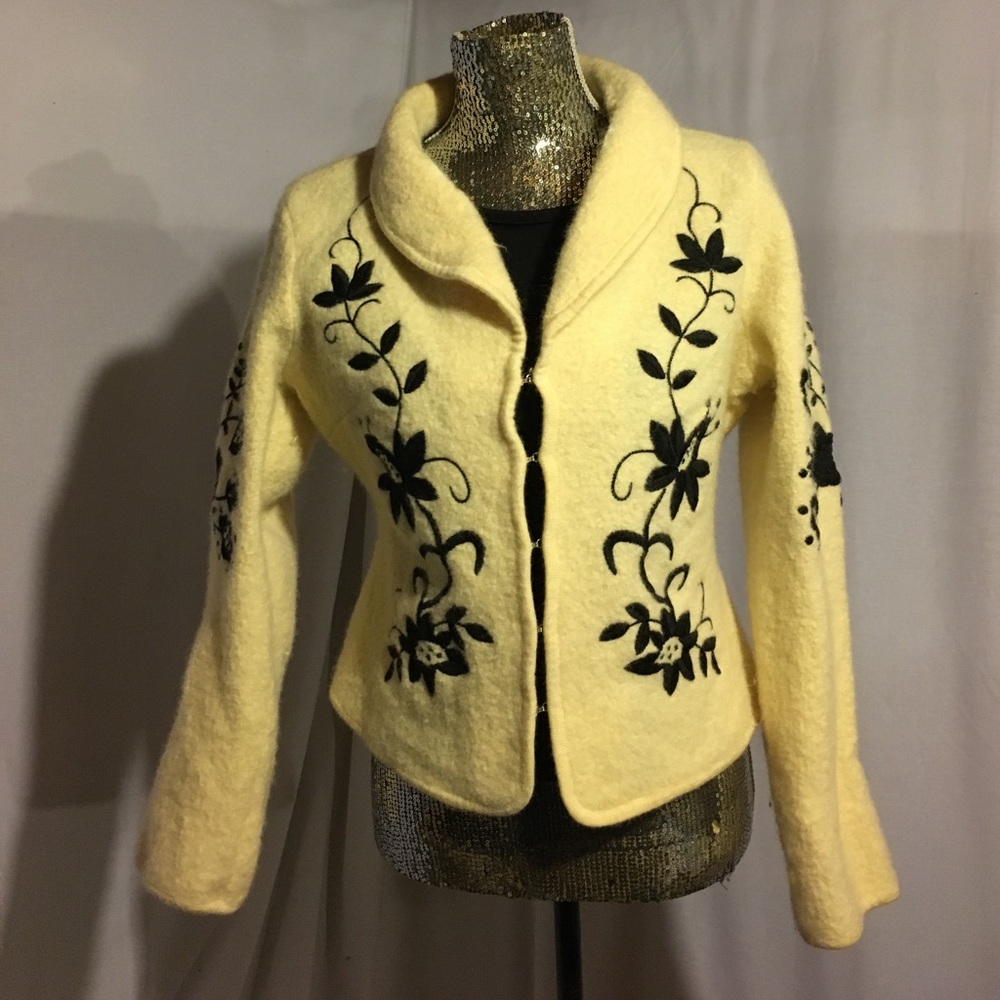 Embroidered cream and black wool blazer.