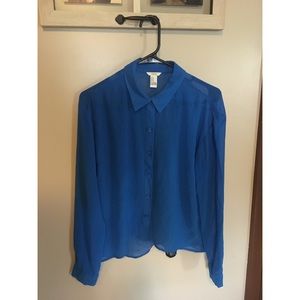 Button up royal blue sheer dress shirt