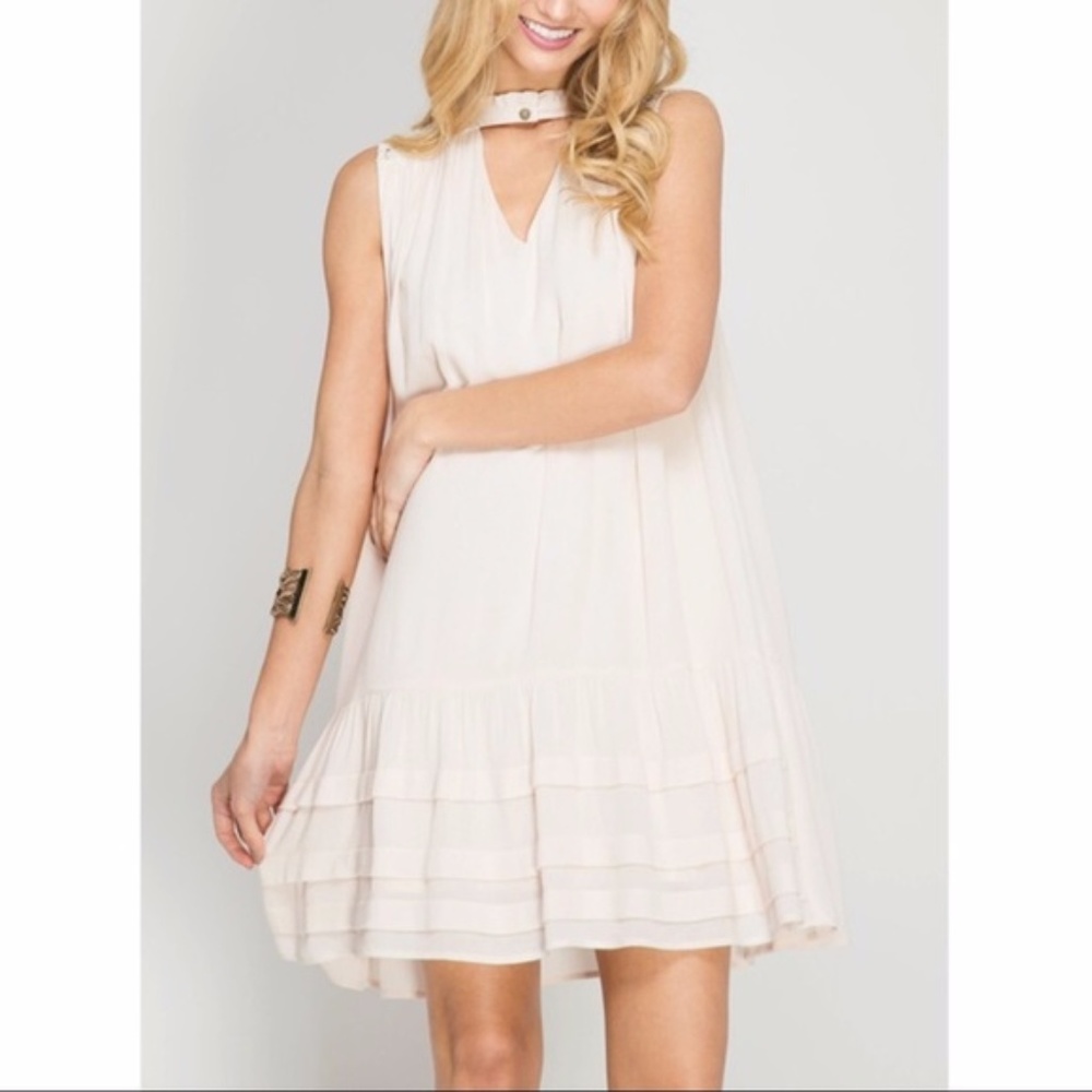 SHIFT DRESS WITH YOKE LACE AND PINTUCKED SKIRT