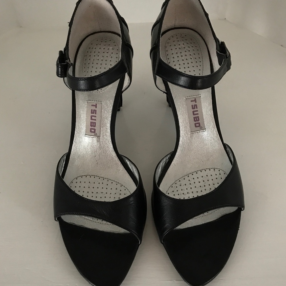 Tsubo open toed heels, 3" black, size 8.5